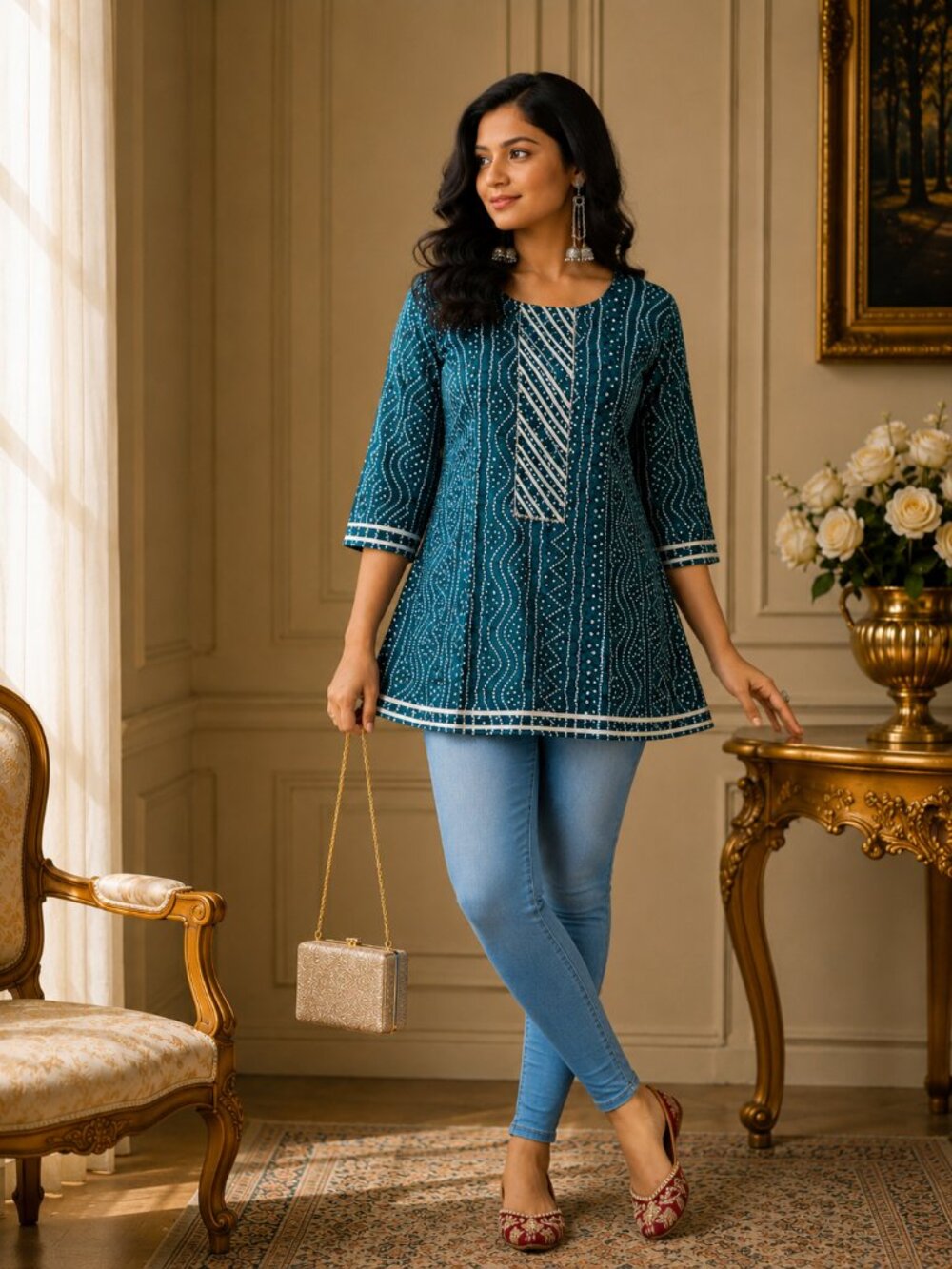 ✨ Everyday Elegance – Teal Jaipuri Cotton Kurti/Tunic Top